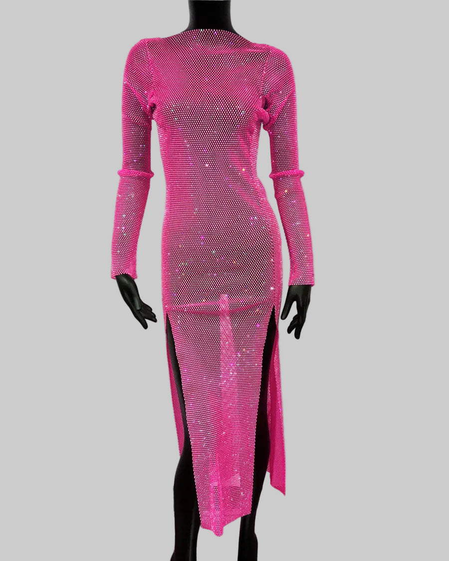 Crystal Rhinestone Bodycon Dress - Long Sleeve Sheer Maxi Dress