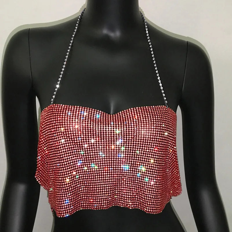Bling Rhinestone Sequin Halter Crop Top - Backless Metal Tank