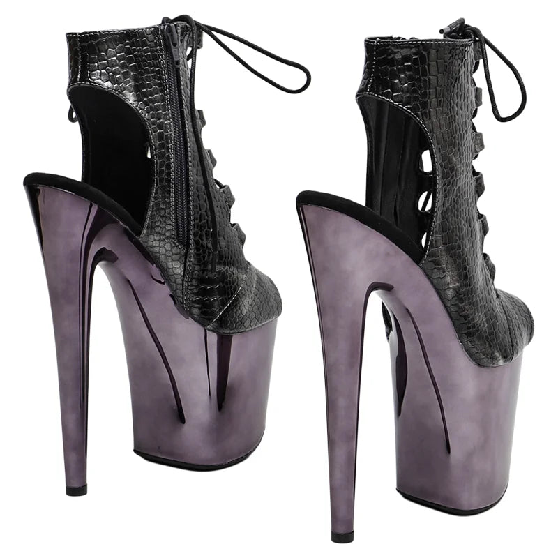 20CM Snake Print Platform Pole Dance Boots - Ultra High Heel Open Toe Ankle Boots