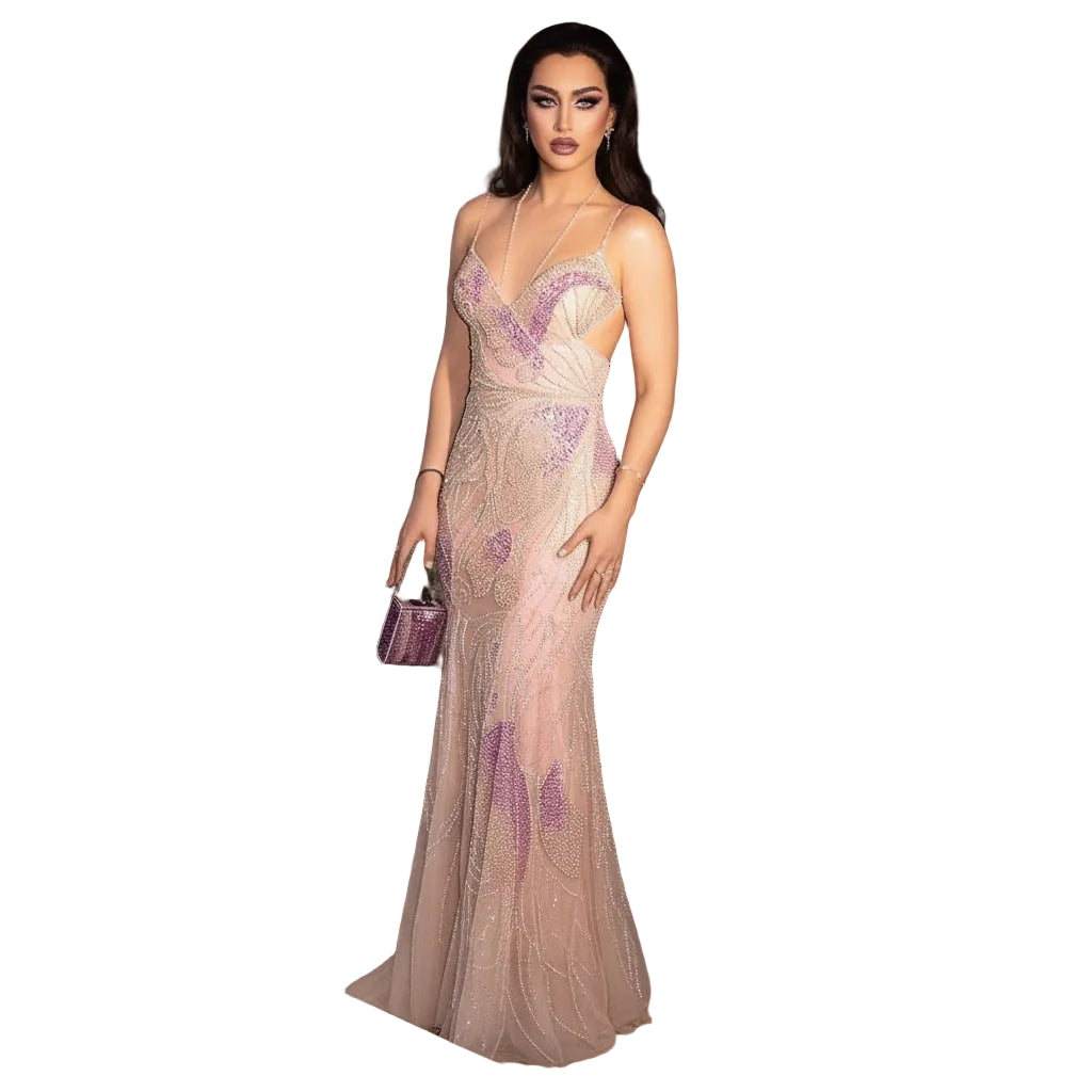 Feather Mermaid Pageant Gown | Beaded Tulle | Pink & Blue