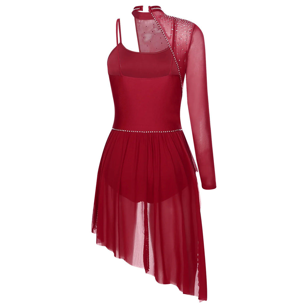 Rhinestone Lyrical Dance Dress | One Shoulder | Mesh Overlay