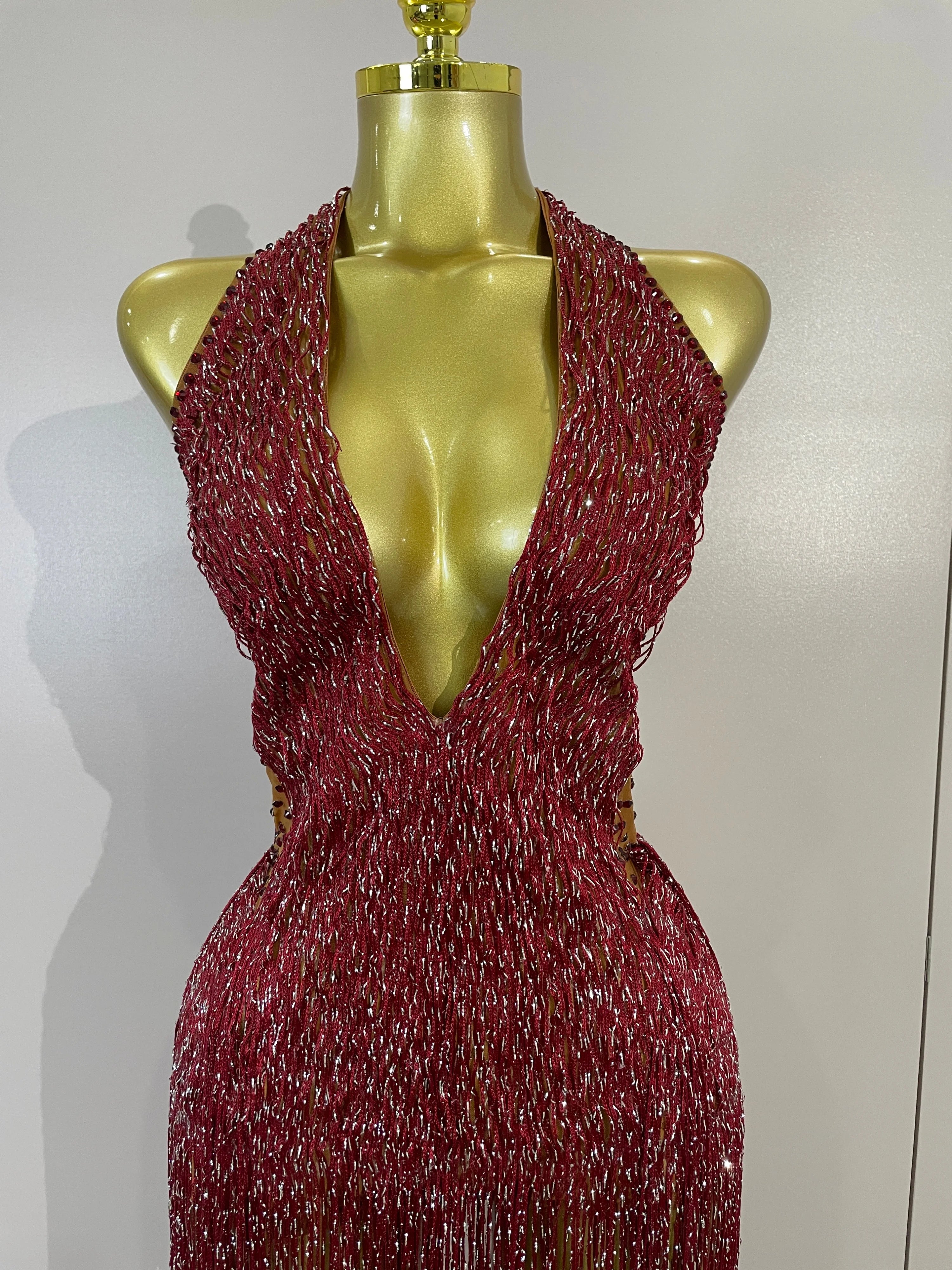 Rhinestone Fringe Halter Gown | Deep V | Burgundy