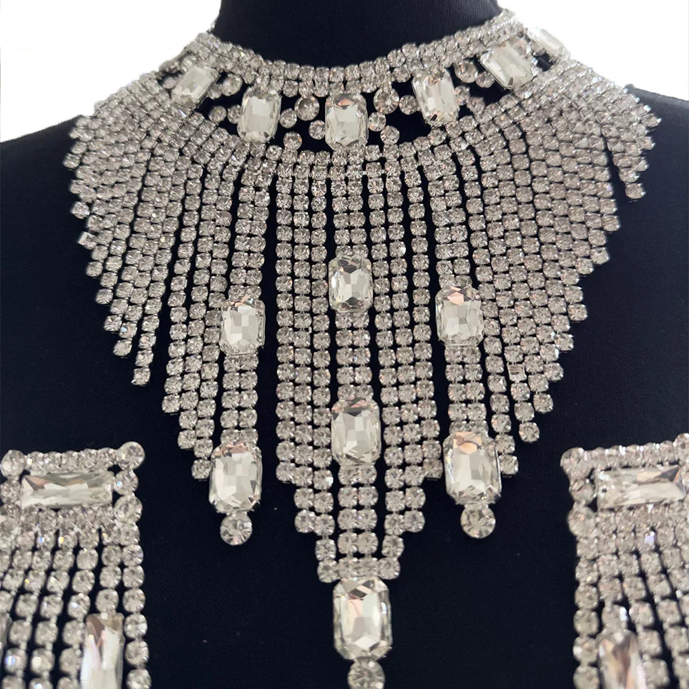 Rhinestone Tassel Necklace & Earring Set | 3-Piece
