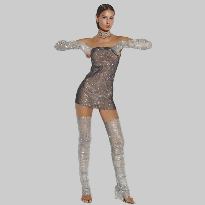 Rhinestone Mesh Leg Warmers - Sparkly Fishnet Performance Legwear