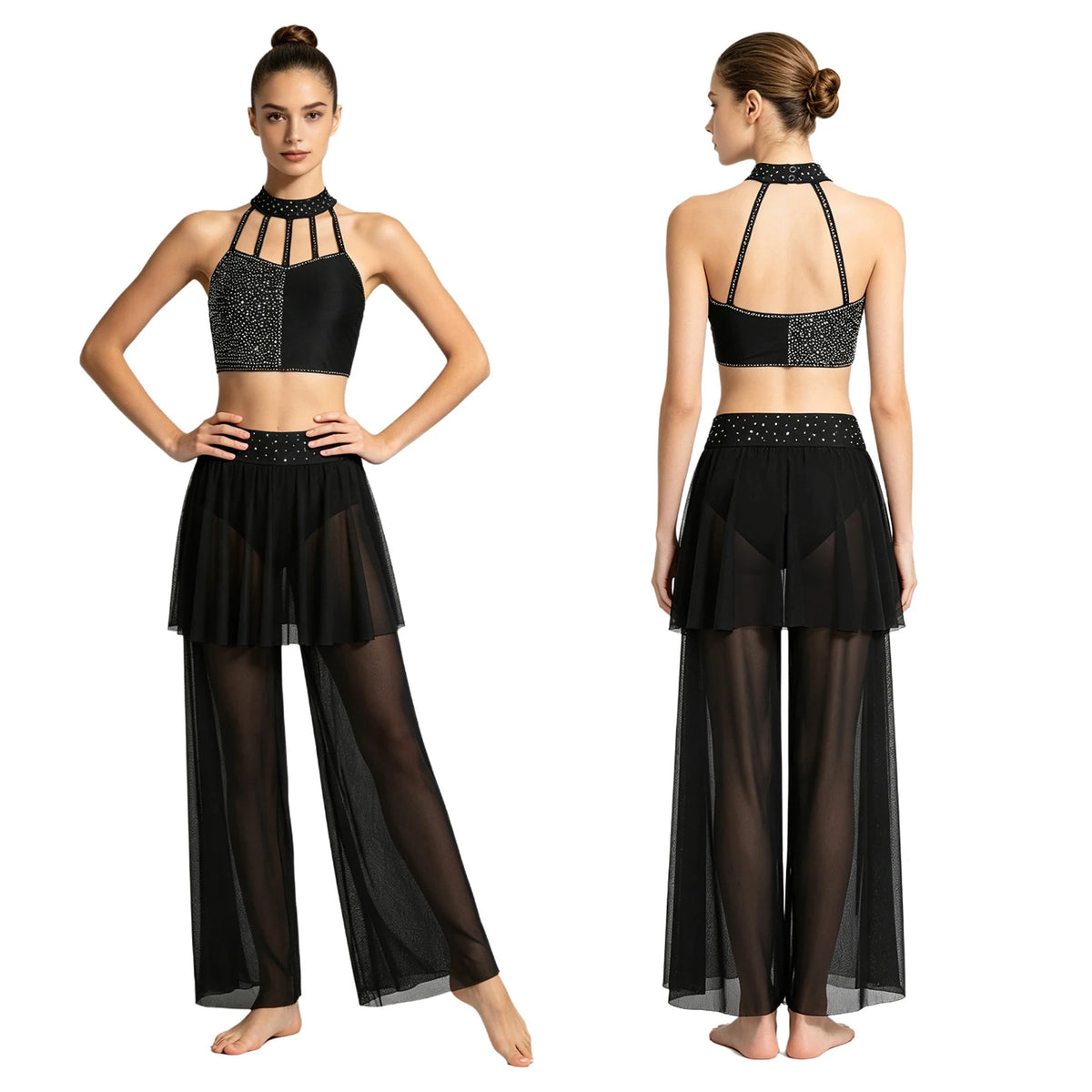 Rhinestone Crop Top & Sheer Pants Set | Lyrical Dance | Built-In Brief