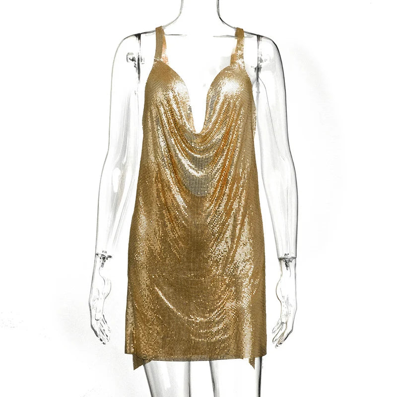 Sparkly Metal Sequin Halter Mini Dress - Backless Side Split Party Dress