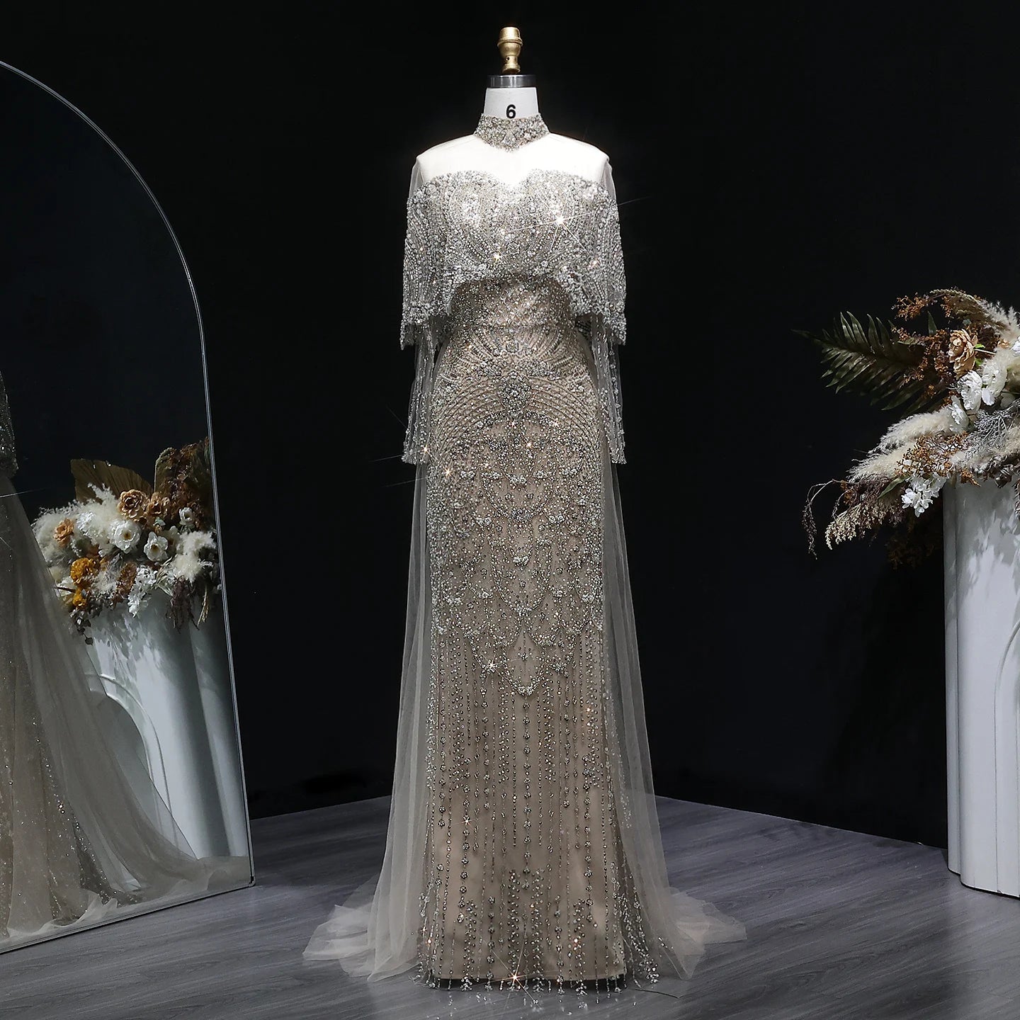 Beaded Cape Sleeve Pageant Gown | Detachable Overskirt | 4 Colors