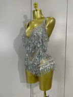 Luxury Rhinestone Sequin Tassel Bodysuit | Silver & Red | S–XL