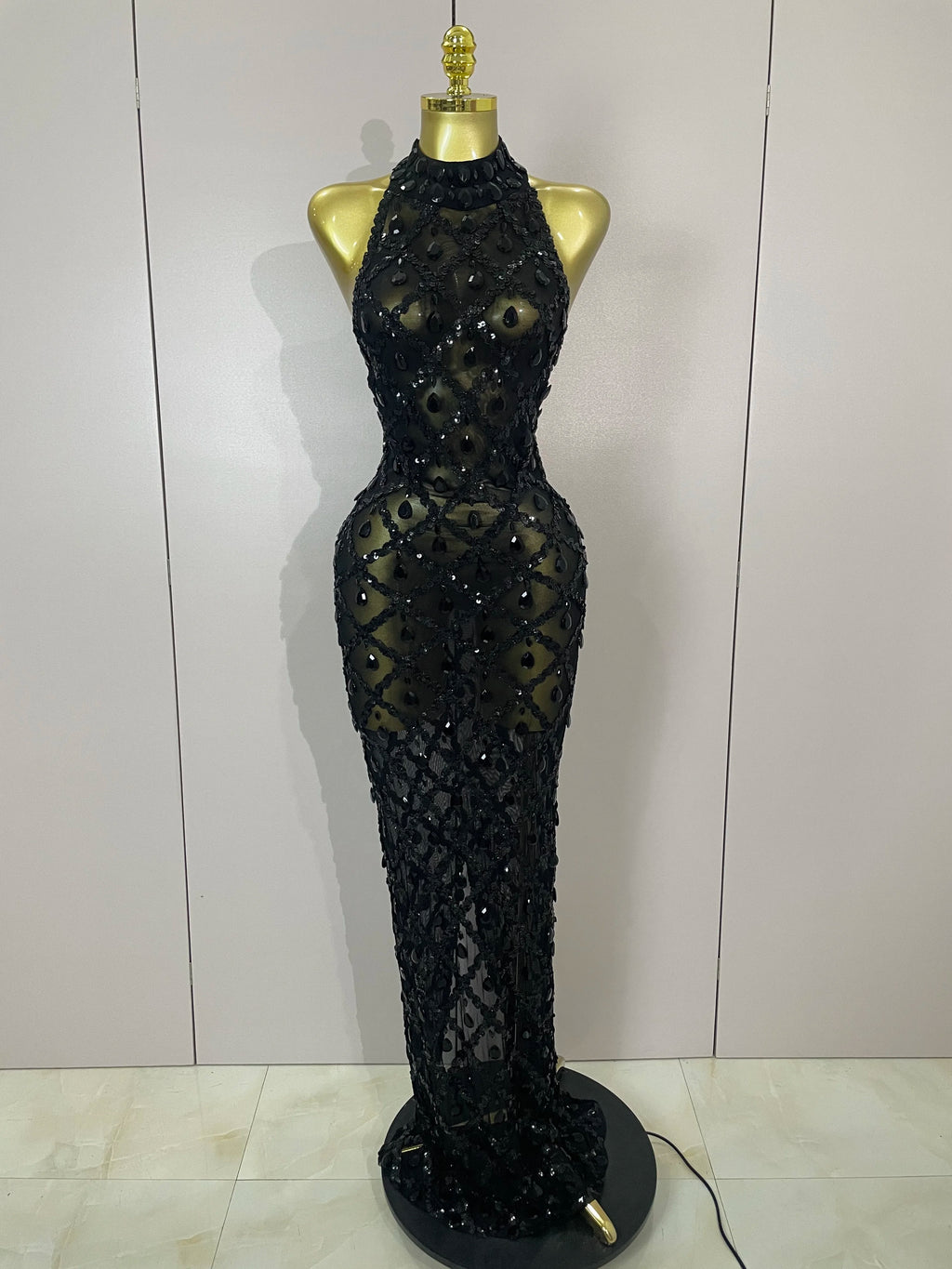 Diamond Sequin Mesh Halter Maxi Gown | Rhinestone | Stage