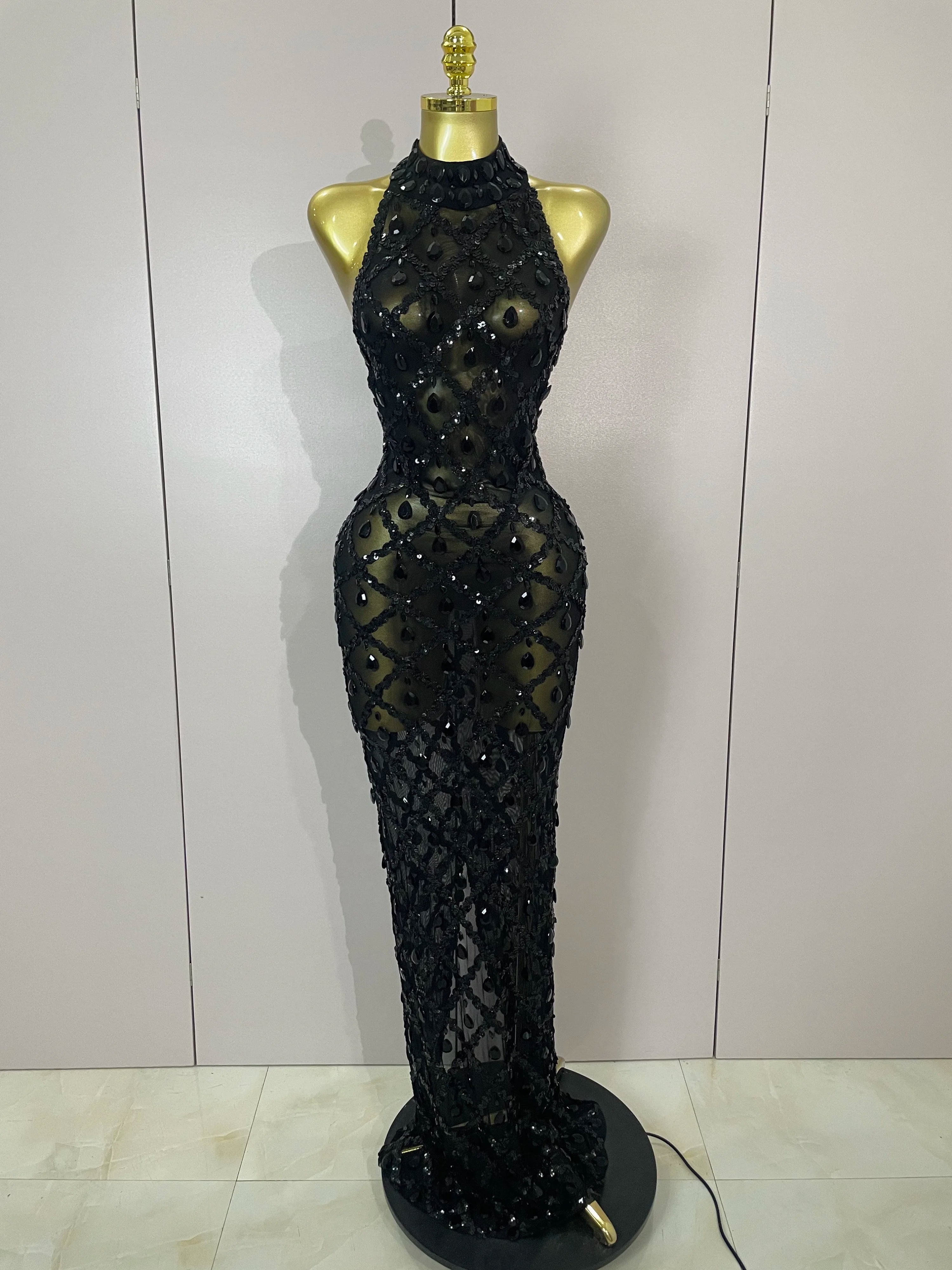 Diamond Sequin Mesh Halter Maxi Gown | Rhinestone | Stage