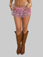 Sequin Fishnet Mini Skirt - Sheer Mesh with Rhinestones