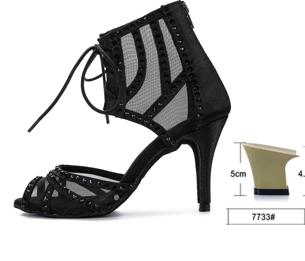 Women's Rhinestone Latin Dance Heels | Mesh & Satin | Stiletto