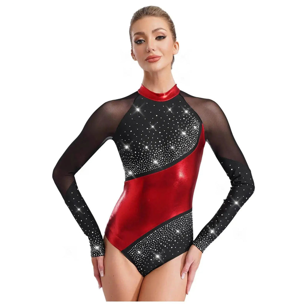 Metallic Rhinestone Leotard | Mesh Panel | Long Sleeve