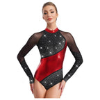 Metallic Rhinestone Leotard | Mesh Panel | Long Sleeve