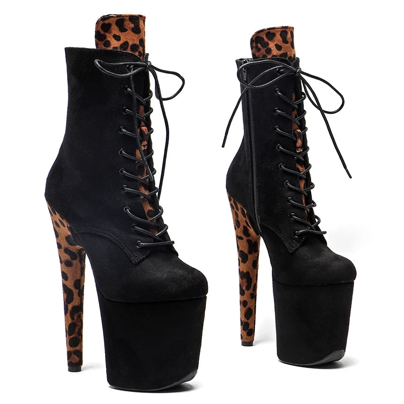 20CM Platform Ankle Boots - Suede with Leopard Print High Heel Pole Dance Boots