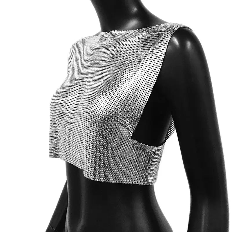 Handmade Metal Sequin Backless Crop Top