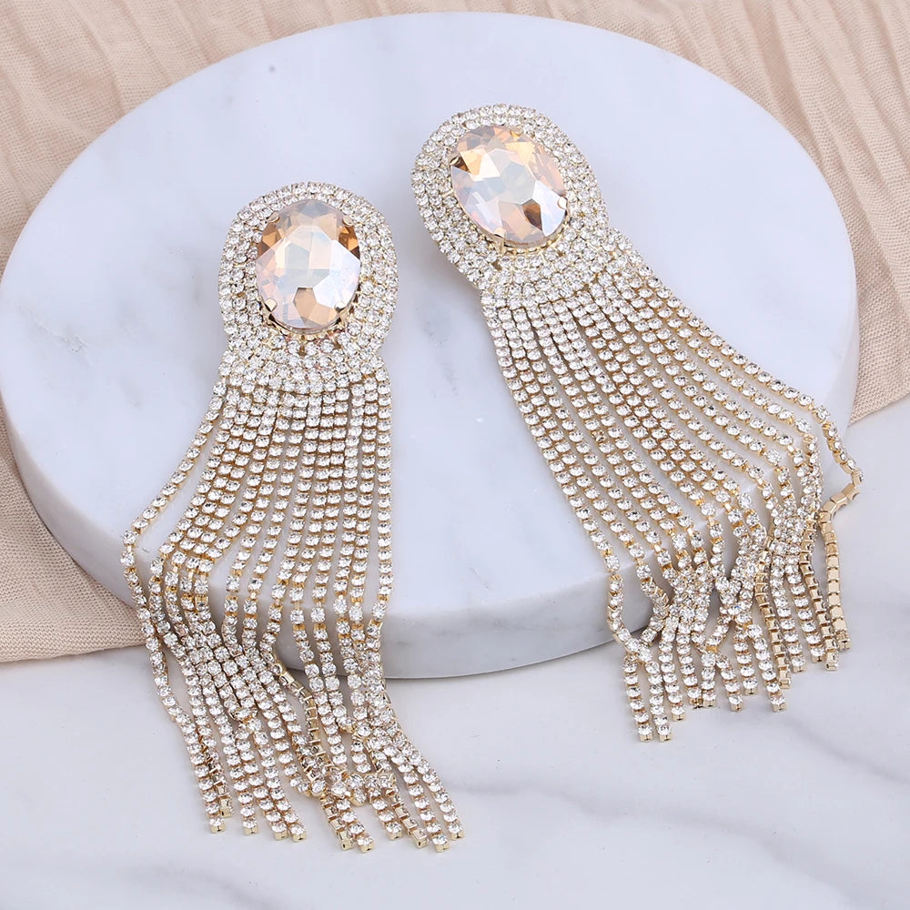 Long Rhinestone Drop Earrings | Clip or Pin