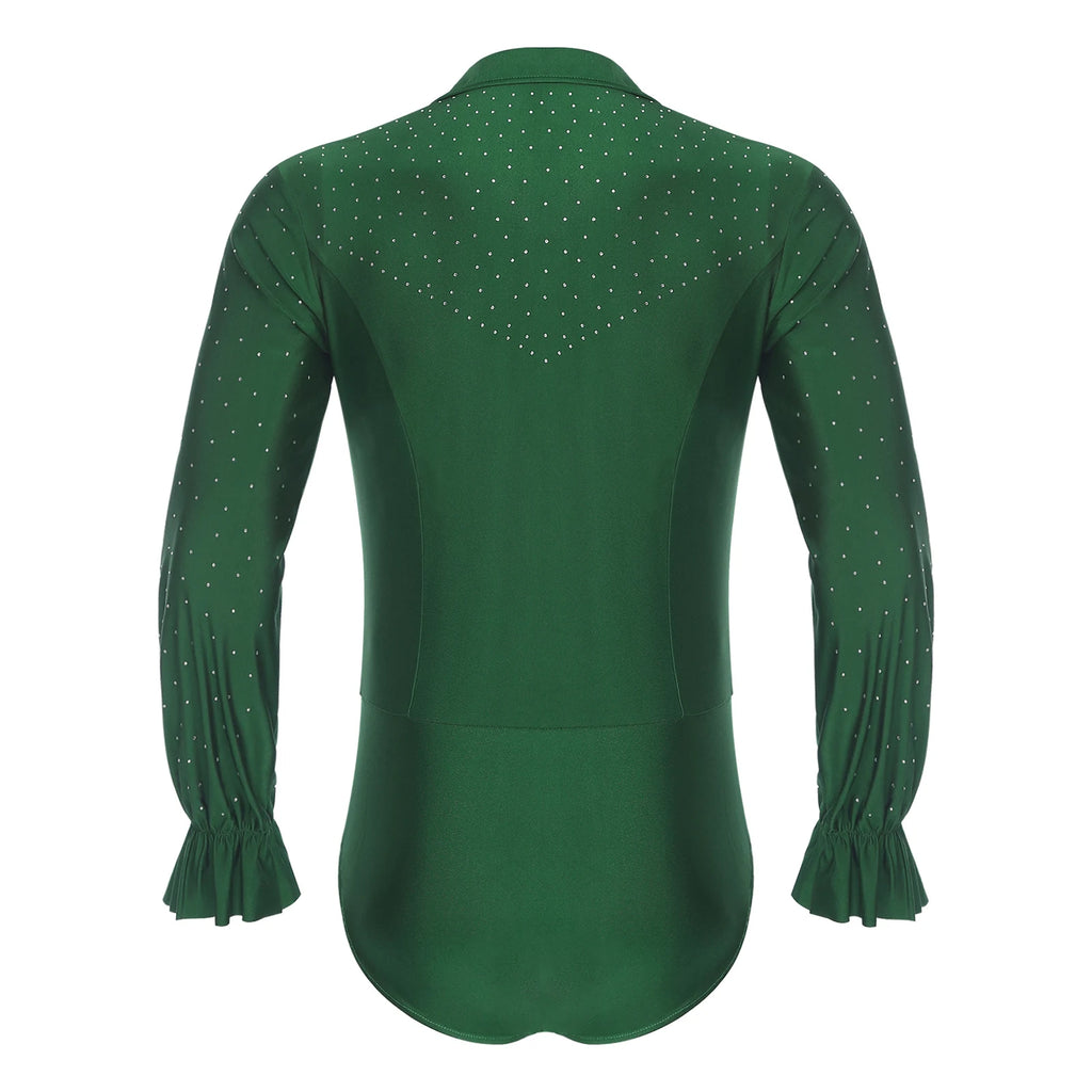 Men's Rhinestone Deep V-Neck Dance Bodysuit | Long Sleeve & Snap Crotch | Latin & Jazz