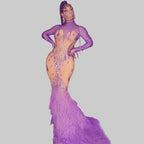 Purple Rhinestone Long Tail Dress - Luxury Crystal Performance Gown for Drag Queens & Performers
