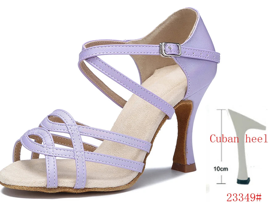 Cross-Strap Latin Dance Sandals | Cuban Heel | 6–10cm | Purple & Yellow