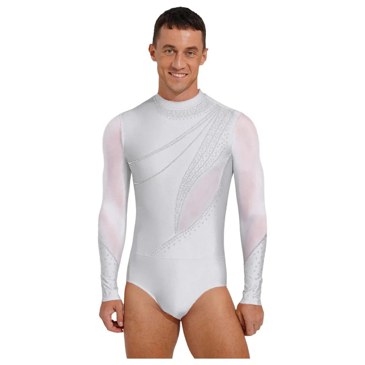 Men's Rhinestone Mesh Leotard | Mock Neck & Long Sleeve | Snap Crotch