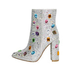 Rhinestone Ankle Boots | Bling Pointed Toe | Block Heel