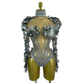 Silver Mirror Gem Bodysuit | Sculptural Shoulders | Stage