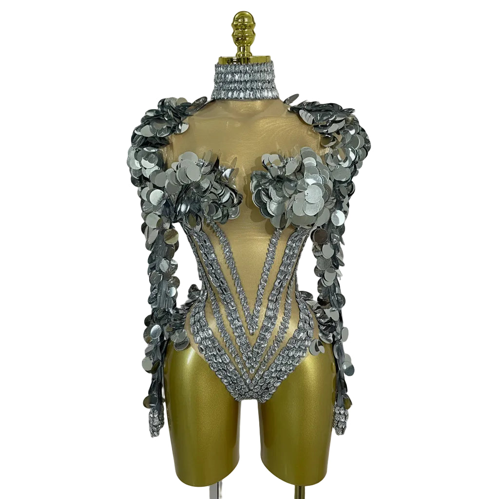 Silver Mirror Gem Bodysuit | Sculptural Shoulders | Stage
