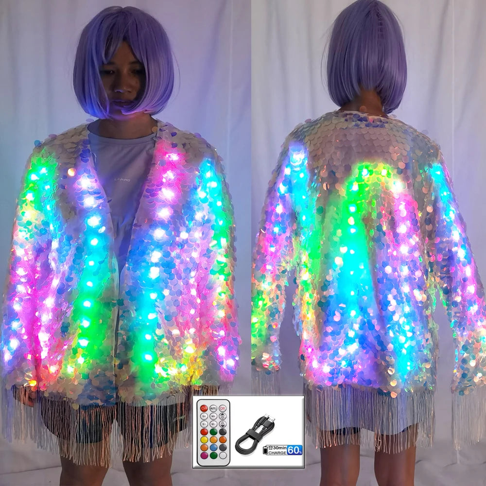LED Sequin Fringe Jacket | Full-Colour RGB | Festival & Stage Kimono