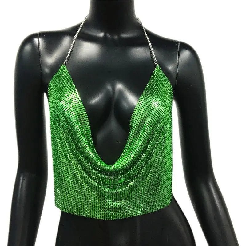 Metallic Sequin Crop Tank - Backless Performance Top