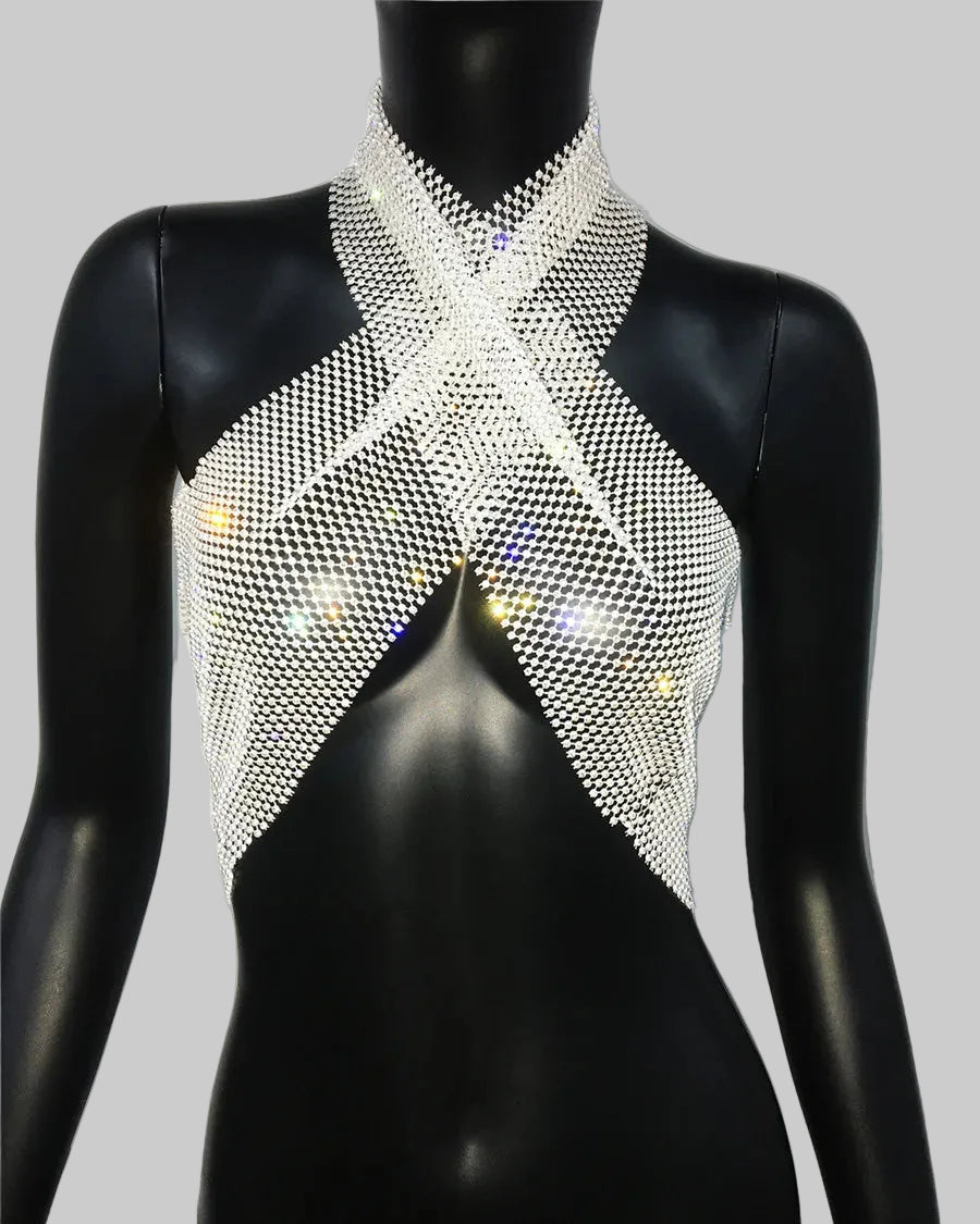 Diamond Fishnet Halter Top - Rhinestone Backless Performance Cami