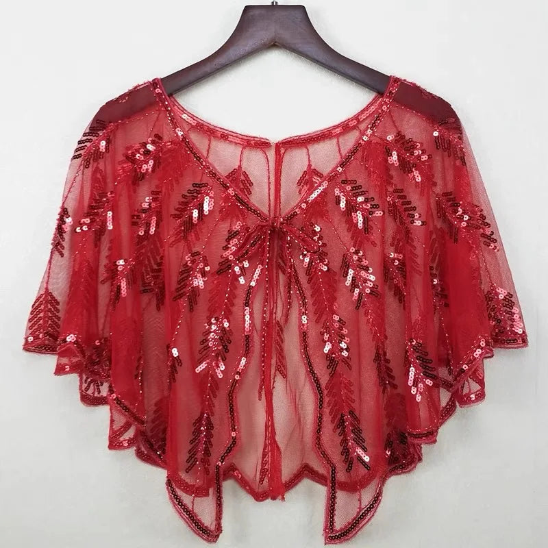 1920s Sequin Leaf Cape | Sheer Mesh Bolero | Flapper Shawl