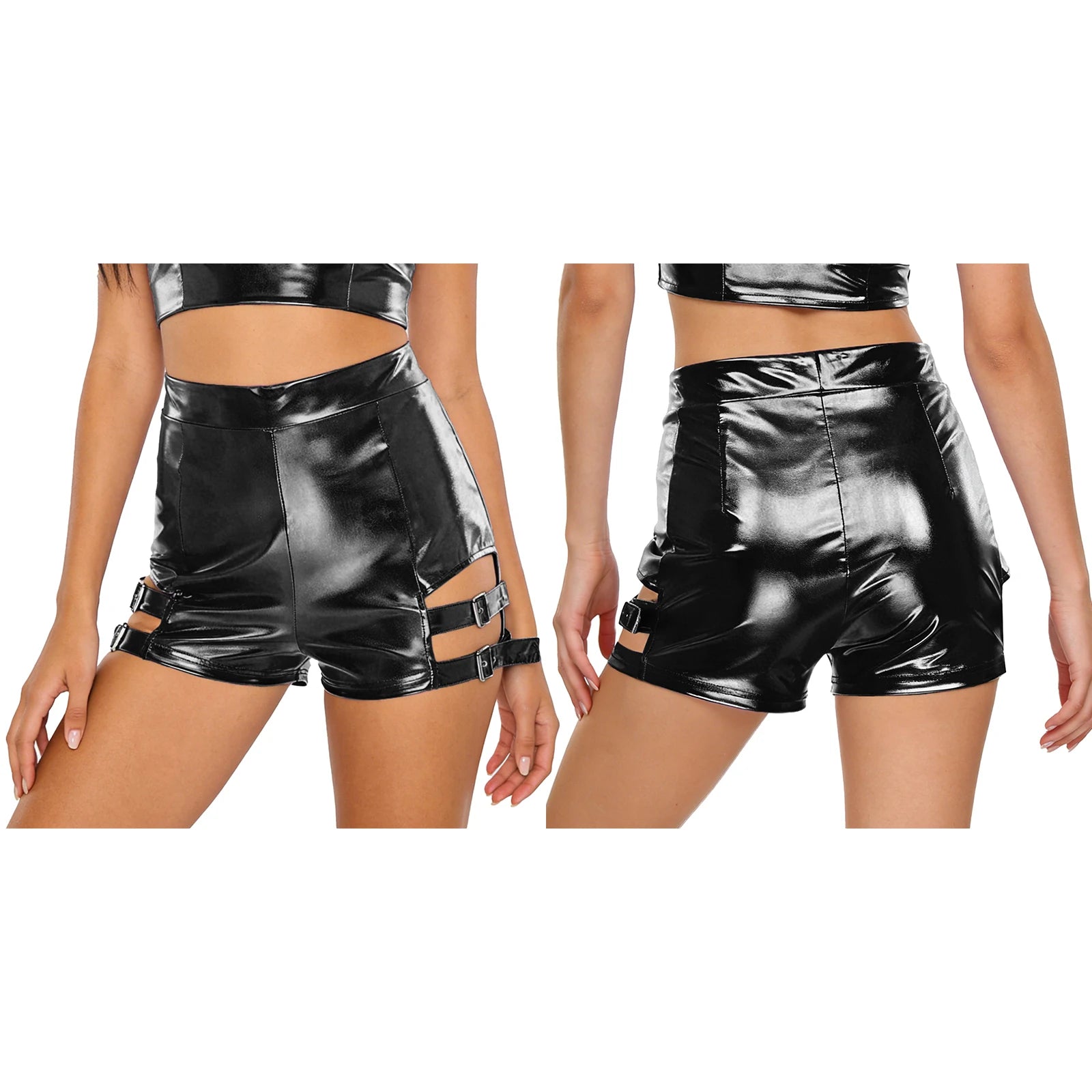 Holographic High-Waist Shorts | Cutout + Metal Buckles