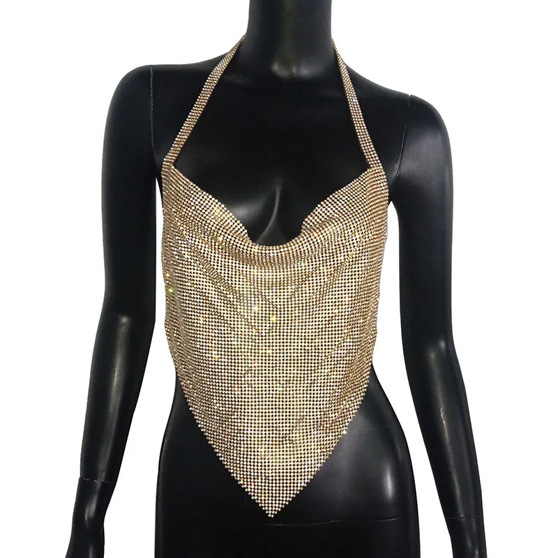 Rhinestone Backless Camisole Crop Top - Deep V-Neck Glitter Tank
