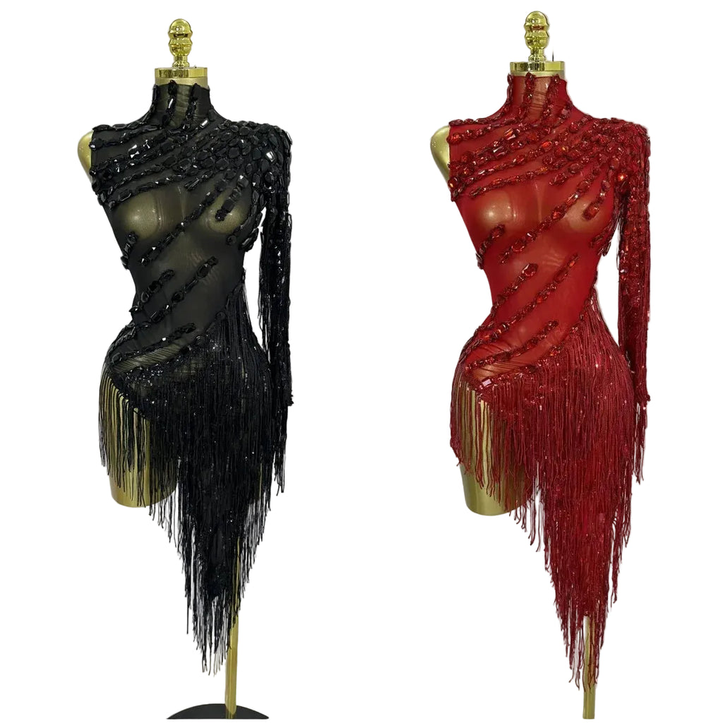 Rhinestone Tassel One-Shoulder Mini Dress | Sheer Mesh | Red, Black & Gold