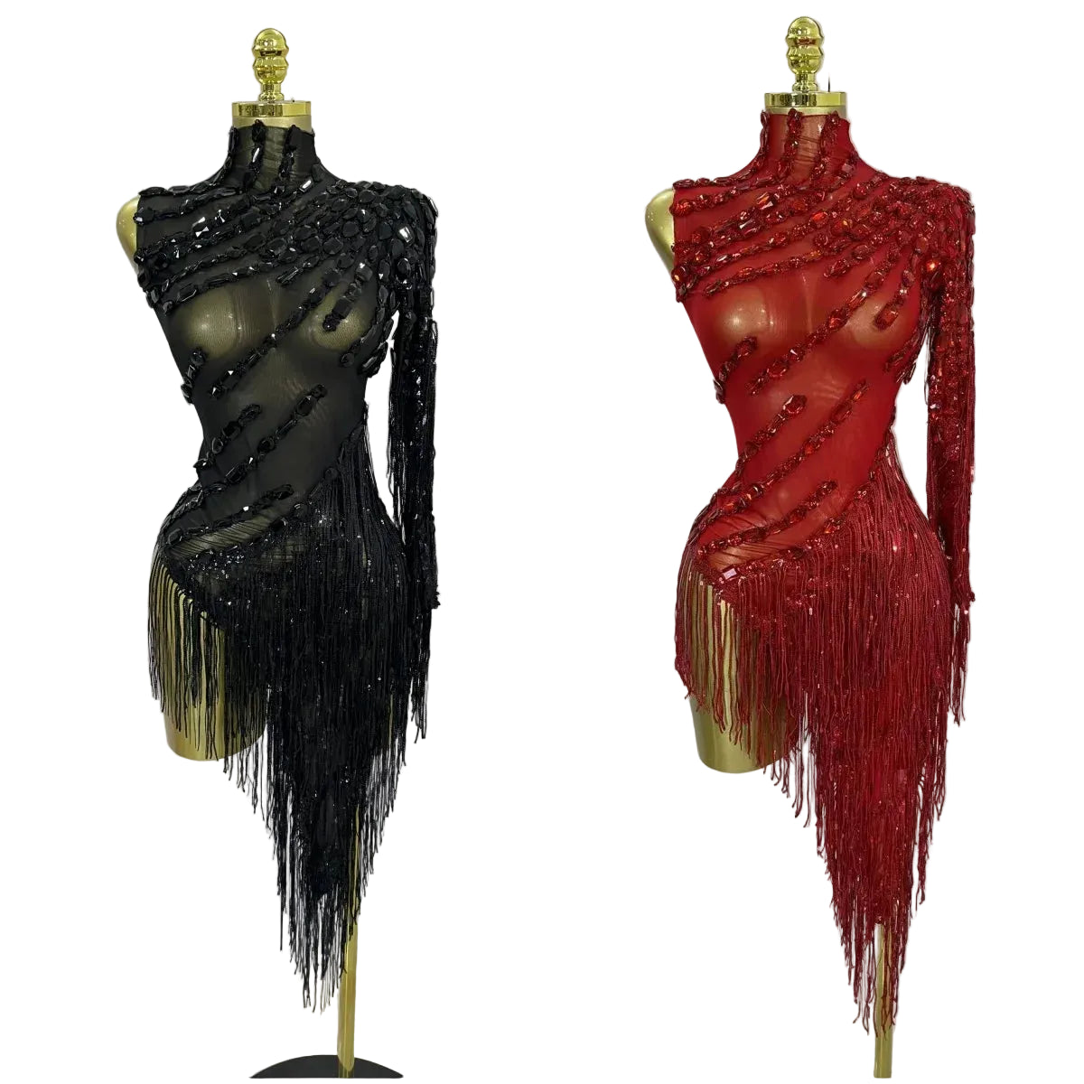 Rhinestone Tassel One-Shoulder Mini Dress | Sheer Mesh | Red, Black & Gold