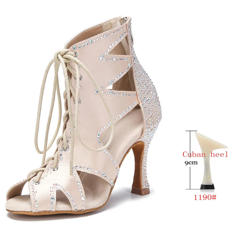 Rhinestone Lace-Up Latin Dance Booties | Black, Red, White & Nude | 6–9cm Heel