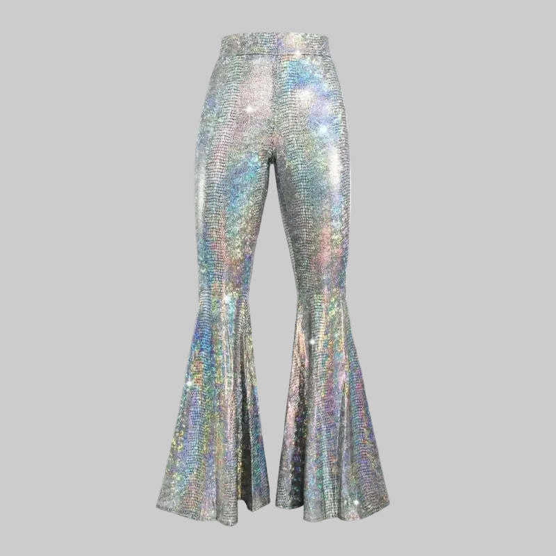 Sequin Bell-Bottom Performance Pants - High Waist Disco Flare Trousers
