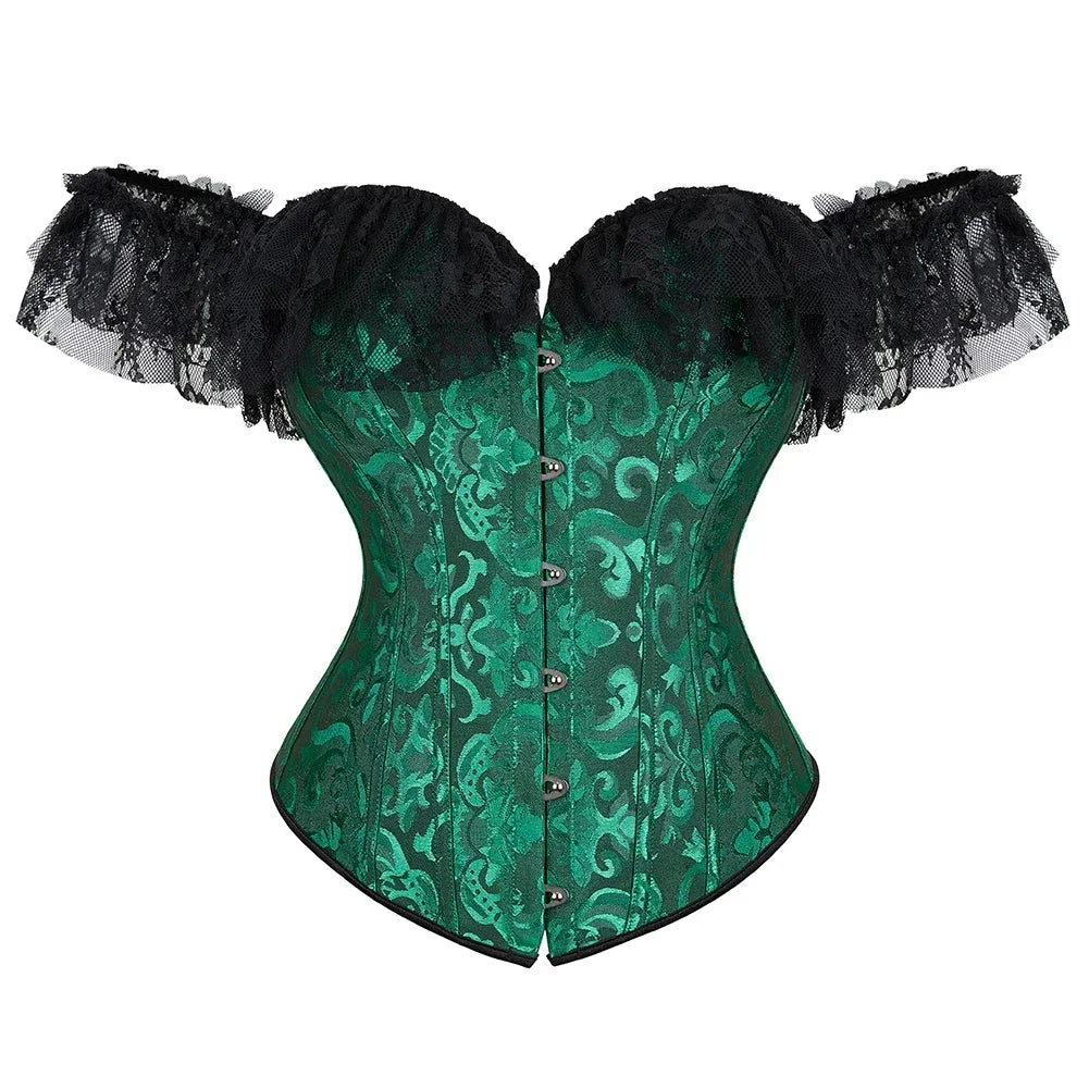 Off-Shoulder Satin Corset | Lace Ruffle Sleeves | Gothic Victorian