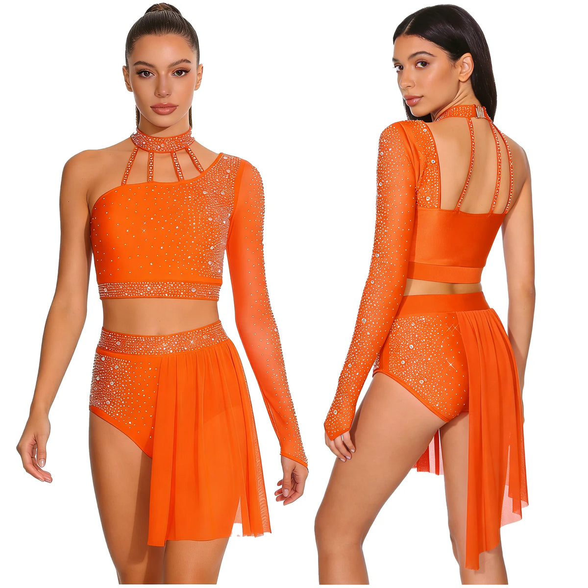Latin Dance Set | Rhinestone Crop Top & Shorts | Asymmetrical