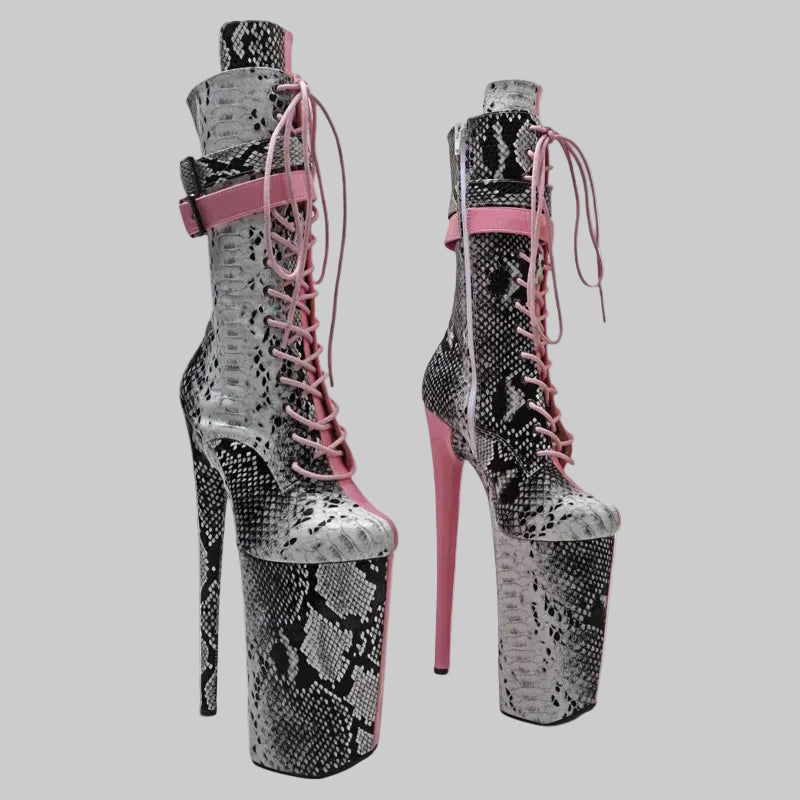 26CM Snakeskin Platform Pole Dance Boots - Exotic High Heel Performance Shoes