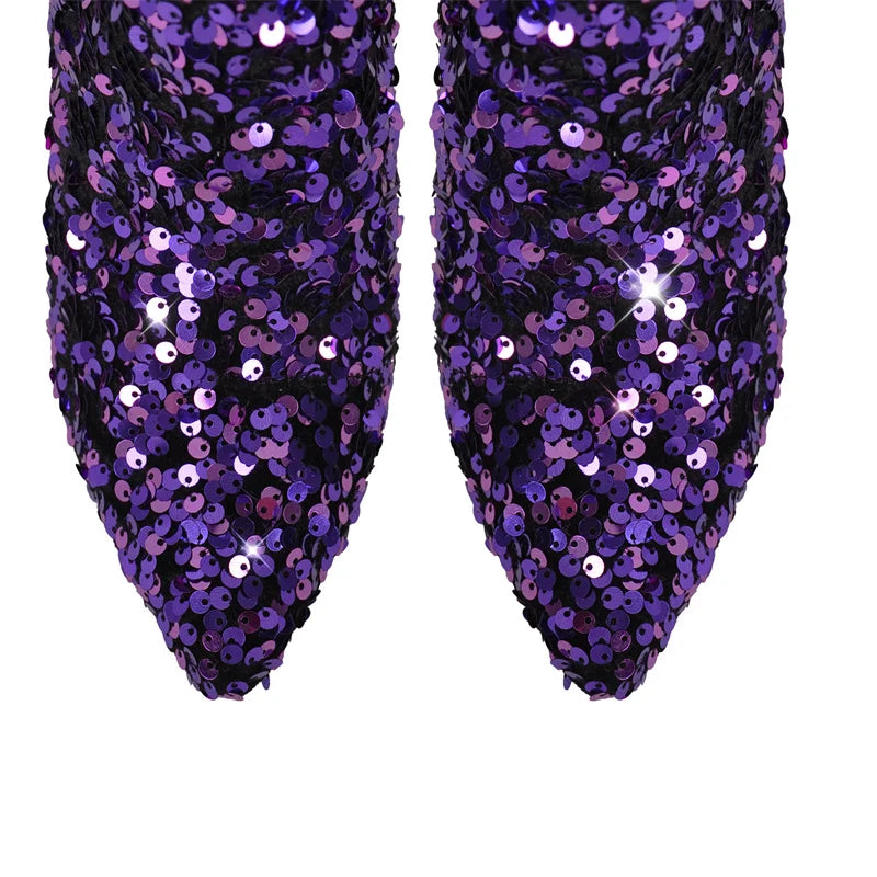Sequined Pointed Toe Ankle Boots | Bling Chunky Heel | Extended Sizes EU 35–46