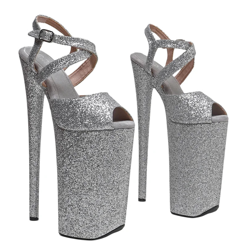 Glitter Platform Ankle Strap Sandals - 10 Inch Pole Dance Heels
