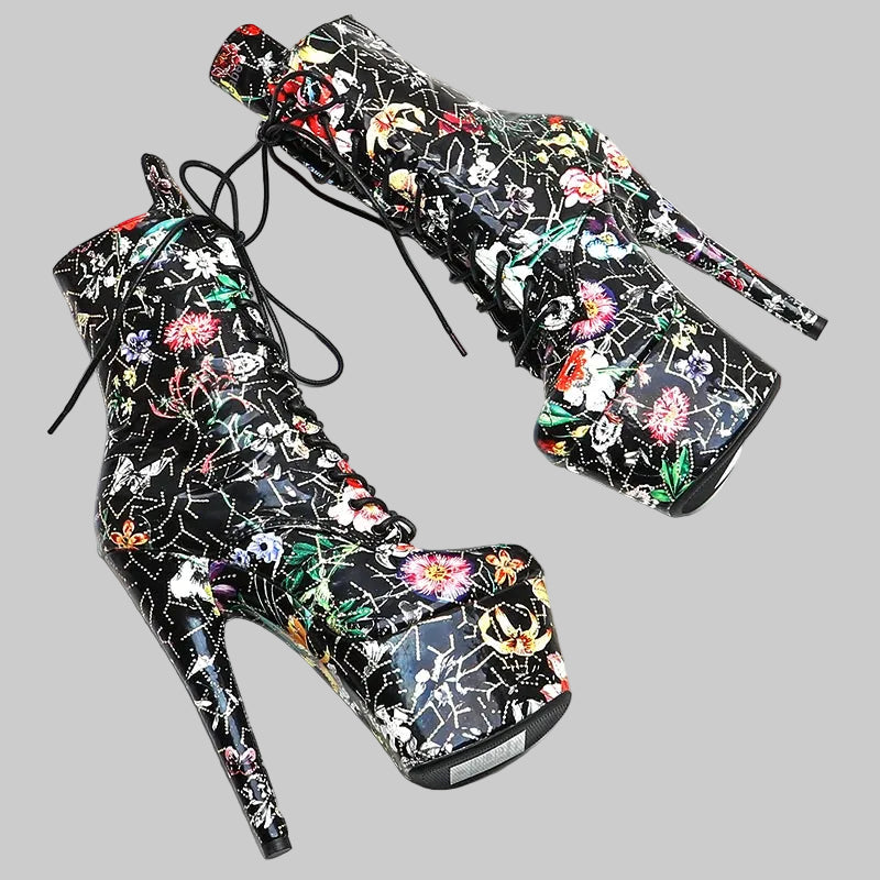 Floral 7-Inch Platform Pole Dance Ankle Boots