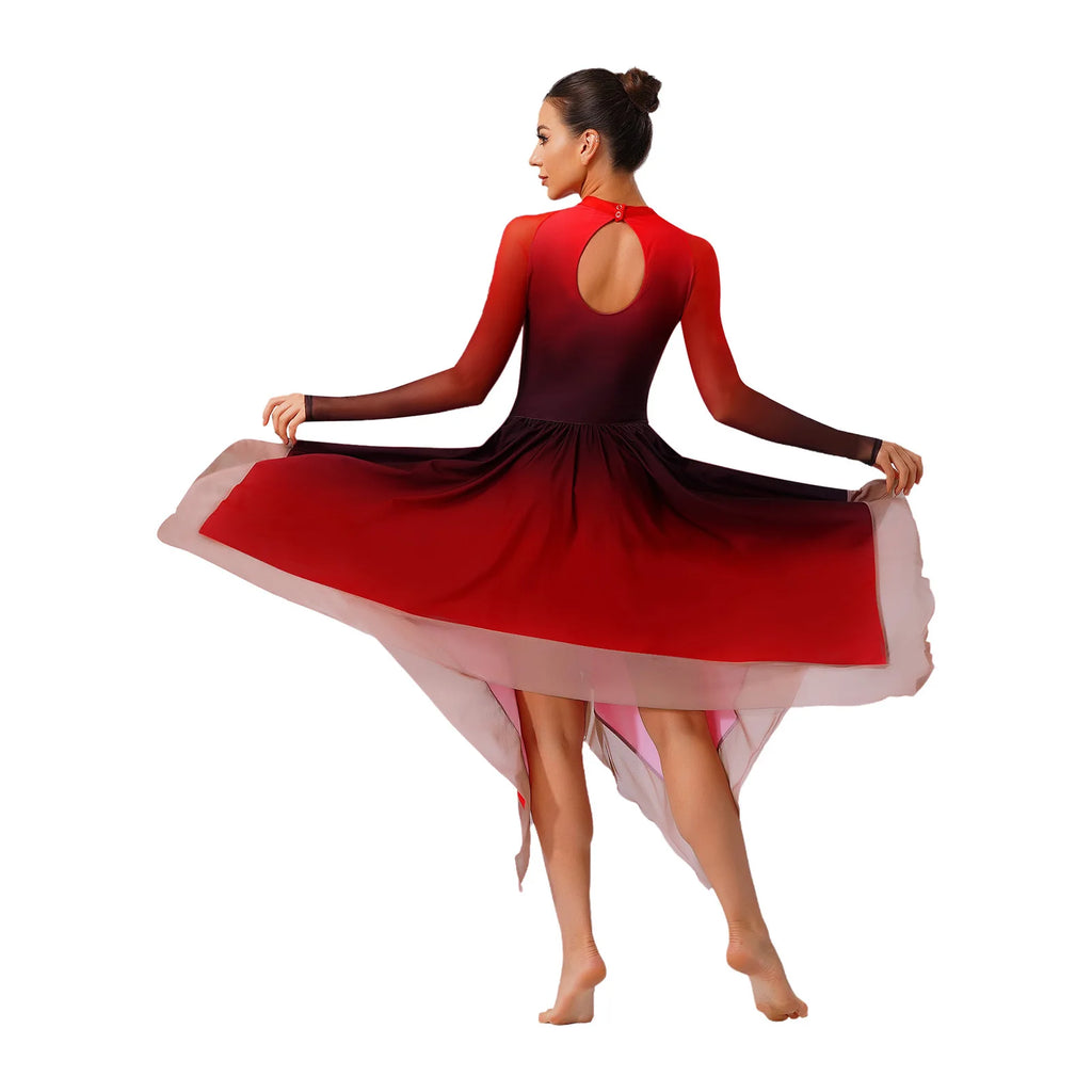 Gradient Lyrical Dance Dress | Mesh Long Sleeve | Keyhole Back | Irregular Hem