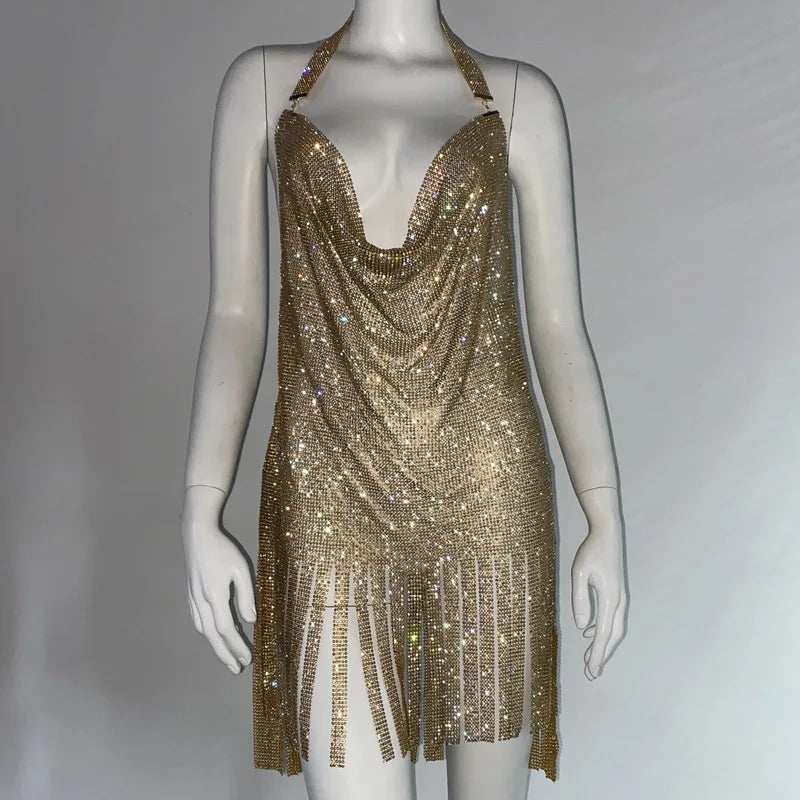 Metal Rhinestone Bodycon Mini Dress - Backless Party Dress