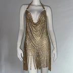 Metal Rhinestone Bodycon Mini Dress - Backless Party Dress