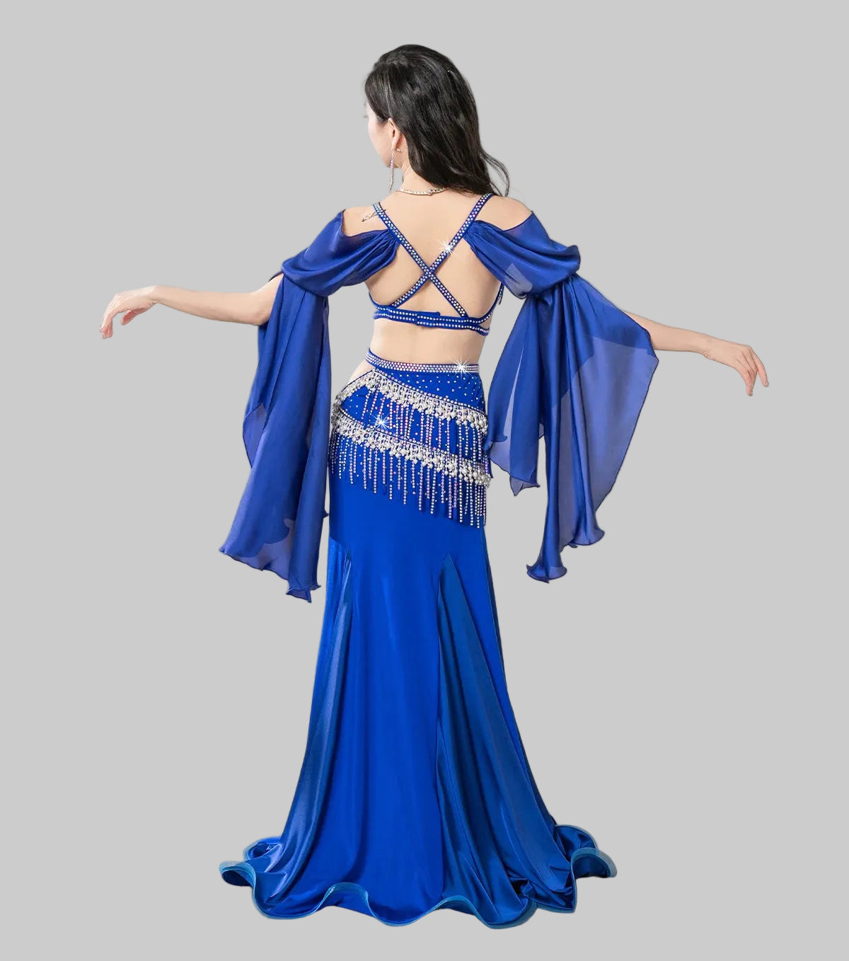 Egyptian Belly Dance Costume - Crystal Beaded Bra, Skirt & Sleeves Set