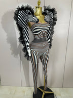 Zebra Stripe Stage Jumpsuit | Feather Trim | S–XL