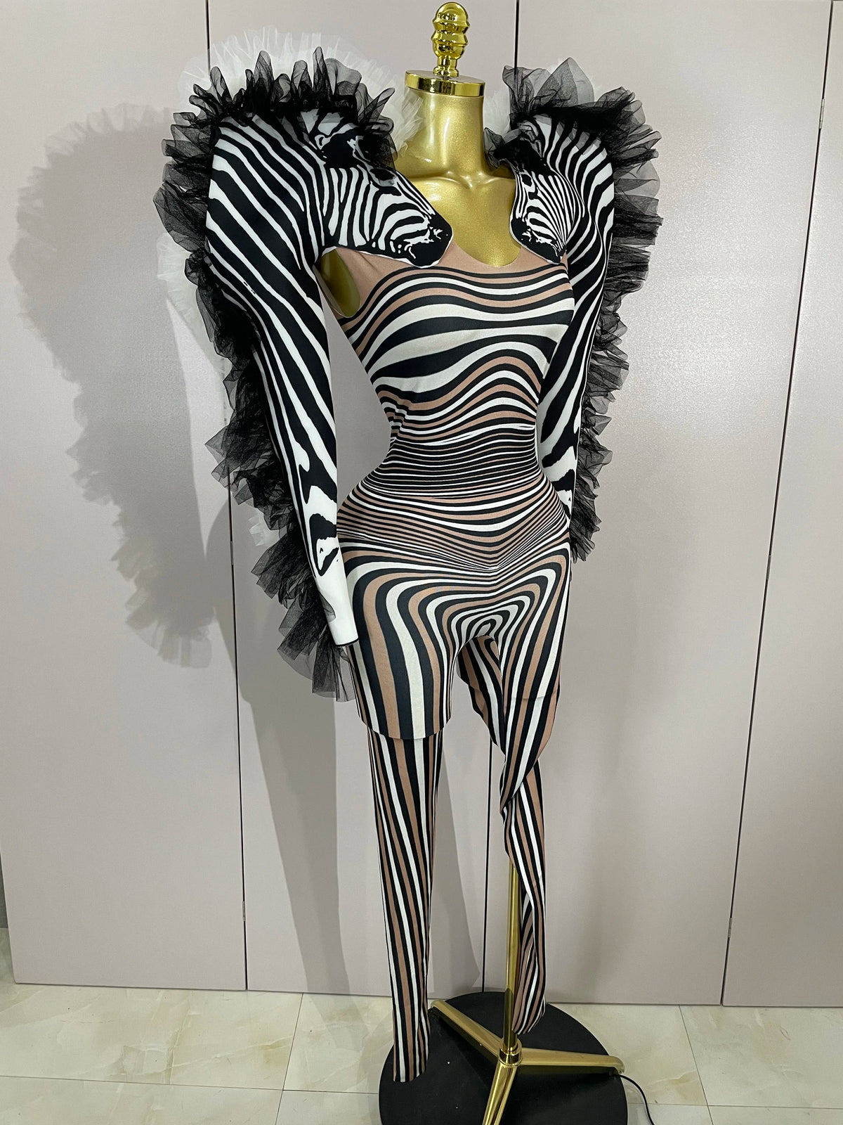 Zebra Stripe Stage Jumpsuit | Feather Trim | S–XL